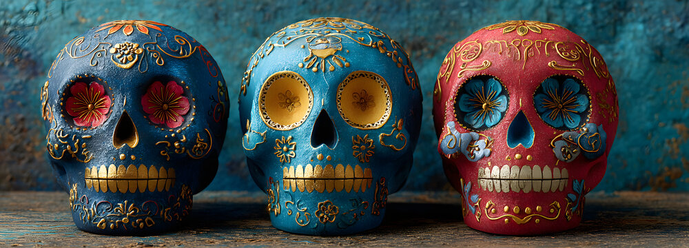 Day of the Dead skulls. Dia de los muertos. Day of the dead and mexican Halloween background. Mexican tradition festival. Day of the dead sugar skull. Dia de los Muertos