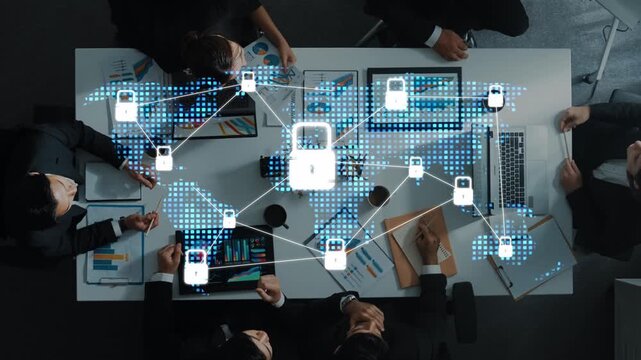 A captivating visual representation of digital security, featuring lock symbols over a business meeting setting highlighting the importance of data protection in today tech landscape. Raster