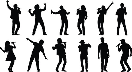 Singer silhouette set, black vector icons, microphone performance poses, expressive stage gestures, live concert energy, music entertainment graphics