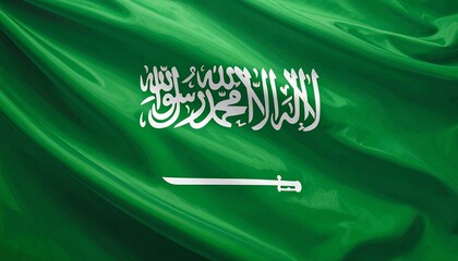 Waving Saudi Arabia Flag Majestic Green Fabric with Arabic Calligraphy and Sword Symbol Middle East National Pride