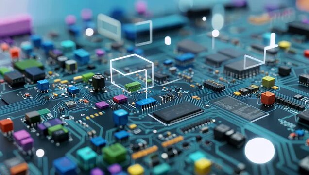 A futuristic and intricate high quality 4K 3D illustration rendering abstract stock video of a circuit board simulating a futuristic background where server computer code processing technology occurs