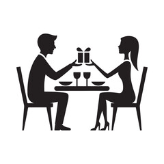 Couple exchanges gift during romantic dinner silhouette