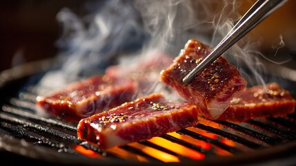 A close-up of thinly sliced, beautifully marbled wagyu beef for Yakiniku. Generative AI.