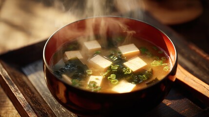 A hyper-realistic close-up photograph of a steaming bowl of traditional Miso Soup. Generative AI.