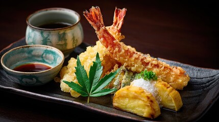 A meticulously arranged plate of perfectly golden and crispy Tempura. Generative AI.