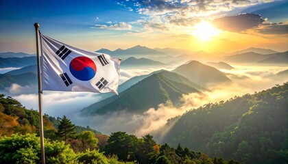 South Korean Flag Waves Proudly Over Misty Mountain Landscape at Sunrise