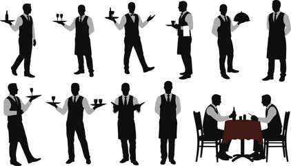 Waiter silhouette set, restaurant service poses, dining scene illustration, hospitality staff vector, food serving design, waiter activity posture collection