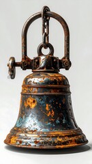 Fototapeta premium Close-up of a weathered, metal bell suspended by a chain. The bell exhibits heavy rust and signs of age