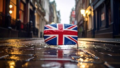 Union Jack British Flag on Wet Cobblestone Street in Rainy UK City