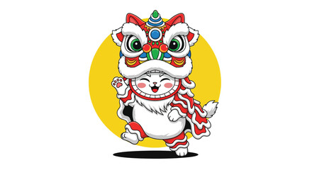 Adorable Cat Character in Traditional Chinese Lion Dance Costume.