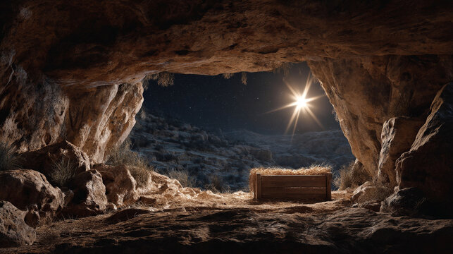 A manger filled with hay inside a cave with a bright star shining in the night sky