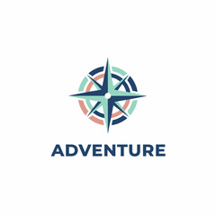 A compass rose graphic in shades of teal, blue, and coral, above the word "ADVENTURE" in dark blue