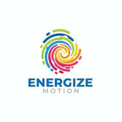 A vibrant logo featuring a spiral of colorful strokes above the words "ENERGIZE MOTION" in a bold font