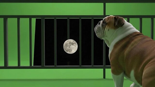Bulldog gazes longingly at the full moon through green bars conveying a sense of wistful waiting and canine contemplation under a night sky backdrop