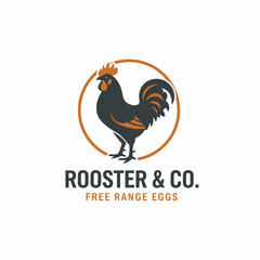 Fototapeta premium A rooster illustration, encircled, features dark grey, orange accents, standing upright. Below, text announces 