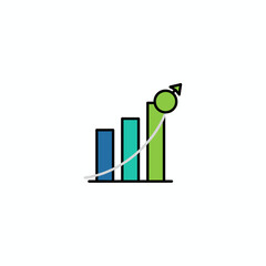 A stylized upward-trending bar graph in shades of blue, green, and chartreuse