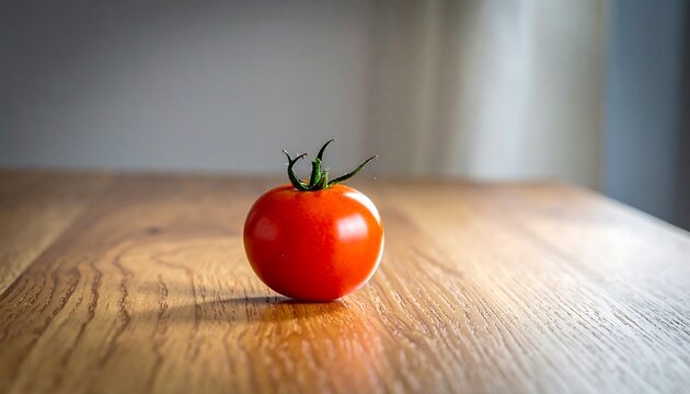 A single, vibrant red, perfectly ripe fruit sits on a wooden surface, its green stem adding contrast. Soft, natural lighting bathes the scene