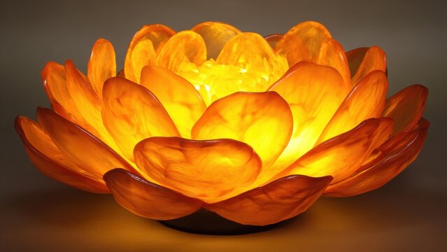 Glowing Orange Lotus Flower Lamp with Intricate Petals Keywords: lotus flower, lamp, light, glowing, orange, yellow, warm