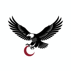 Obraz premium A black eagle with outstretched wings and a white head grasps a maroon crescent moon against white
