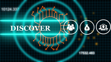 A Discover button on a clear projection ,Blue wave digital data flow. Seamless loop technology network background concept . Futuristic digital technology animated	
