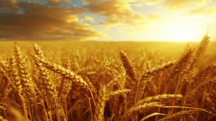 Golden wheat field under a bright sun and cloudy sky at sunset Keywords: wheat field, golden, agriculture, harvest, grain