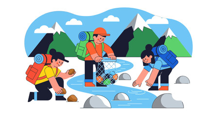 Fototapeta premium Group Of Adventurers Cleans Stream, Symbolizing Environmental Stewardship and Teamwork