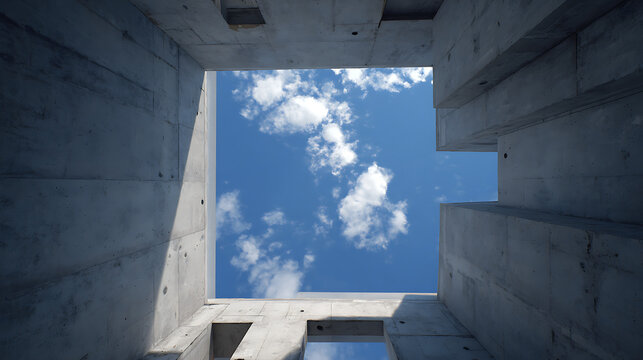 Unfinished concrete structure revealing blue sky with white clouds construction building