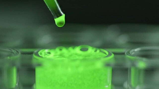 Close up macro shot of green liquid being poured into a test tube filled with powder creating bubbles and foam in a laboratory setting with dramatic green lighting