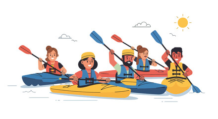 Obraz premium Group of Friends Adventures Kayaking Enjoying Water Sports On the Sunny Weather