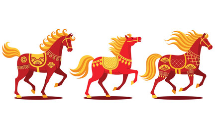 Three ornate red horses with golden manes and tails adorned with decorative saddles and blankets in a stylized illustration.