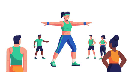 Group Exercise Led by Instructor with Energetic Movements and Fitness Routines