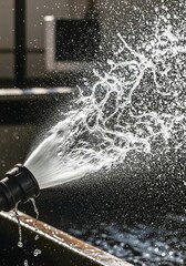 black and white image of an angel, Powerful water jet sprays from nozzle. High pressure cleaner washes surface indoors. Wet steam and bubbles rise from strong cleaning stream for hygiene.