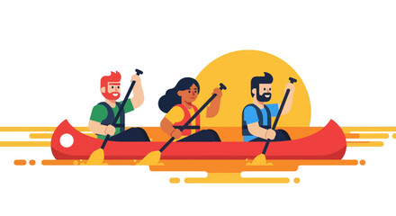 Group Of Friends Enjoying Canoeing Through The Water At Sunset Adventure