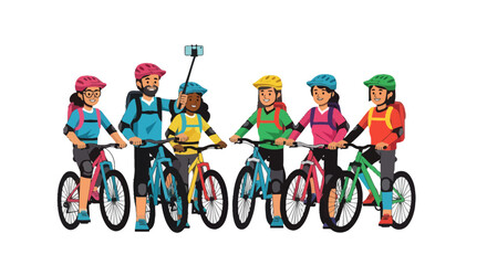 Fototapeta premium Group Of Friends Enjoying Cycling Adventure and Capturing Memories With Selfie Stick