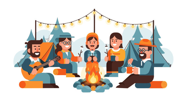 Group Of Friends Enjoying Camping Gathering, Nightly Celebration, Campfire, And Music