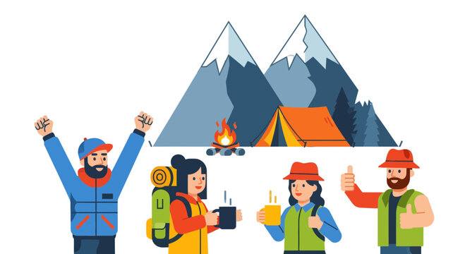 Group Of Adventurers Camped In The Mountains, Enjoying Camping Outdoors Adventures