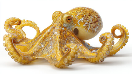Obraz premium A detailed studio shot of a yellow octopus with curled tentacles on a white background