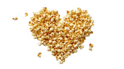 Popcorn in heart shape fluffy popped corn snack romantic food arrangement yellow kernels crunchy treat love themed snack isolated on white background