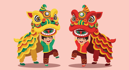 Two vibrant Chinese lion dance costumes with performers in festive attire.