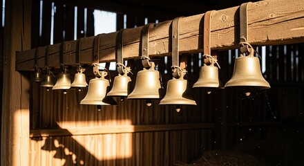 A Line of Metal Bells Hung From a Wooden Beam Illuminated By Sunlight
