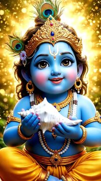 Adorable Baby Krishna with Conch Shell Divine Hindu Deity Art