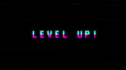 LEVEL UP! Retro Glitch Footage .8-bit Success Transition Animation. - Powered by Adobe