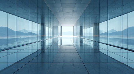 Fototapeta premium Modern glass corridor reflecting distant mountains and water reflection interior
