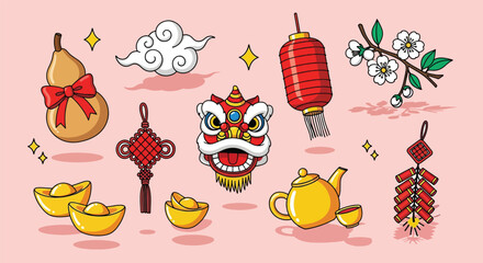 Vibrant Chinese New Year Decorations and Symbols Collection.