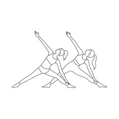 Two women practicing triangle pose in yoga line drawing