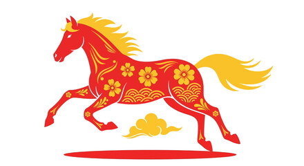 Vibrant Red and Yellow Decorative Horse Illustration with Floral and Cloud Motifs.