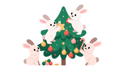 Festive Bunnies Deck the Halls: A quartet of adorable bunnies, filled with Christmas cheer, collaboratively adorn a vibrant, decorated Christmas tree, evoking the spirit of the holidays.