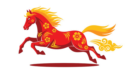 Vibrant Red Horse with Golden Floral Ornaments Galloping.