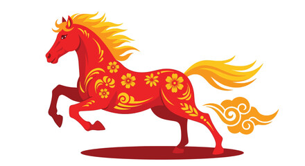Vibrant Red Horse with Golden Mane and Tail Decorated with Floral Patterns.