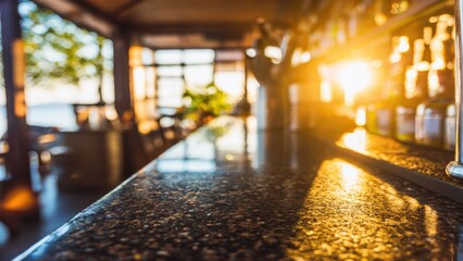 Sunset Over Bar Counter with Bottles and Ocean View Restaurant Interior image photo